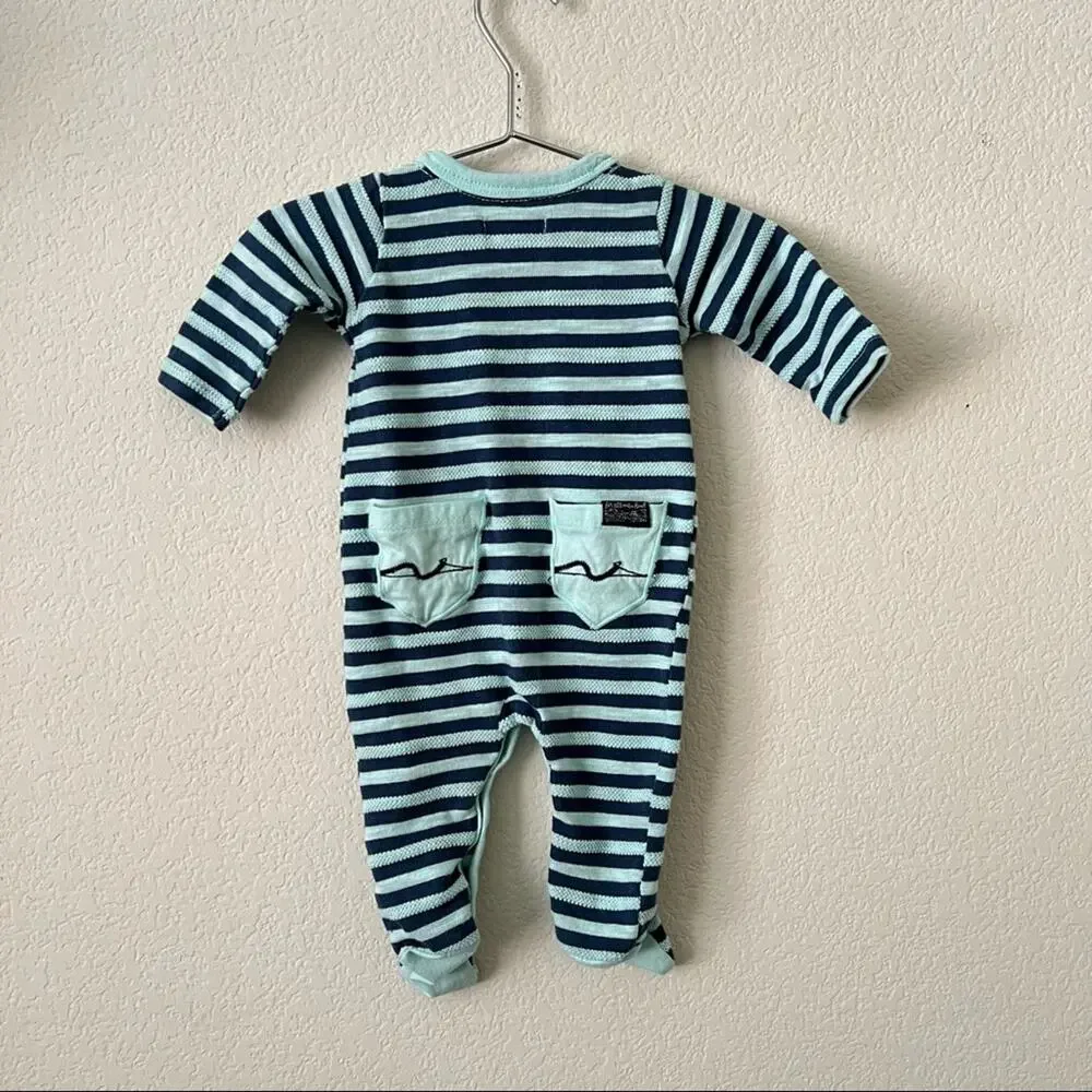 7 For All Mankind 7FAM mint green navy blue stripe ping sleeve footie onesie